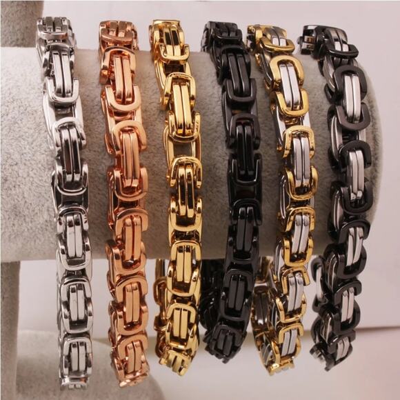 STAINLESS STEEL BYZANTINE MECHANIC SILVER BLACK BIKER BRACELET GOLD BLACK - Picture 5 of 7